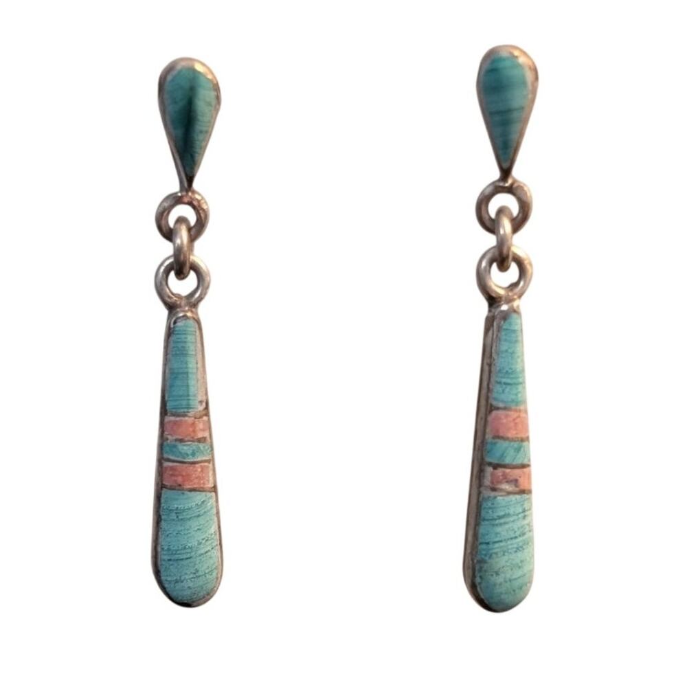 Zuni Vintage Sterling Silver Blue & Pink Stone Inlay Dangle Pierced Earrings